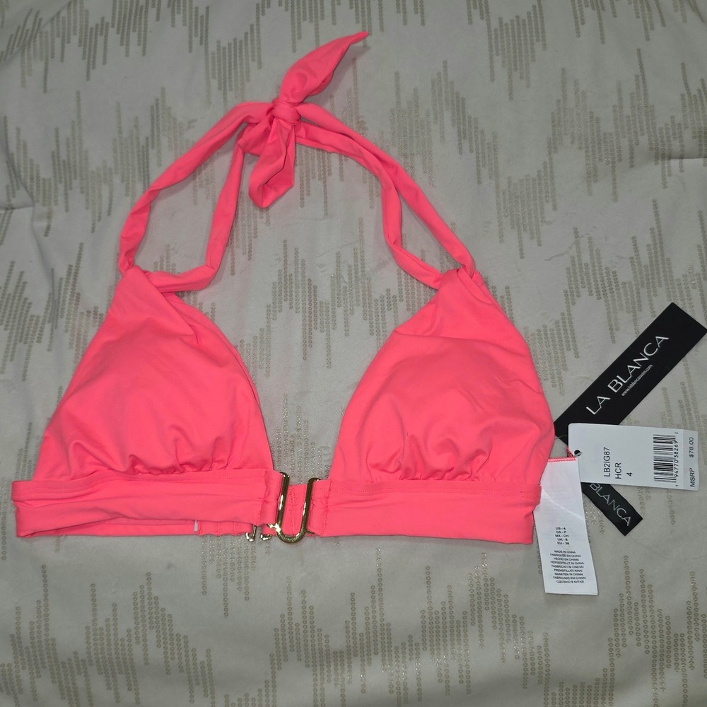La Blanca Womens Neon‎ Pink Halter Bikini Top Gold Hardware LB2IG87 Size 4 NEW